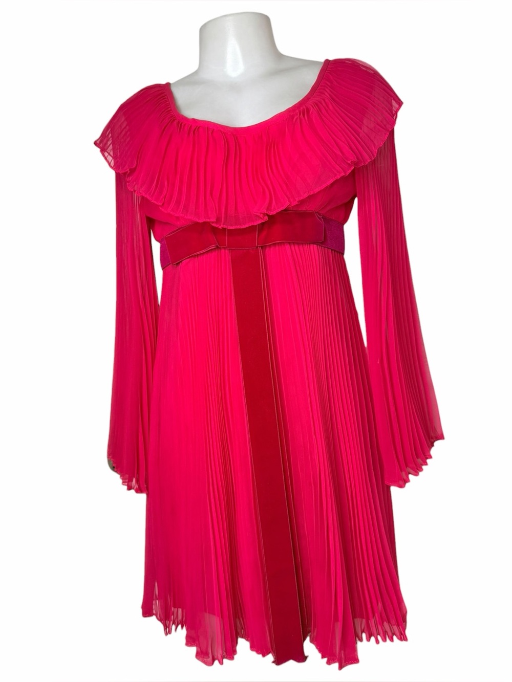 VTG 60s Hot Pink Chiffon Pleated Mini Dress Mod GoGo Bell Sleeve Babydoll S